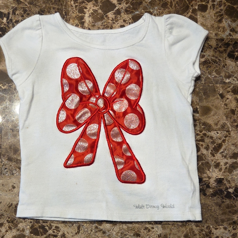 Disney Kids Minnie Mouse White Tee with Red and Silver Bow